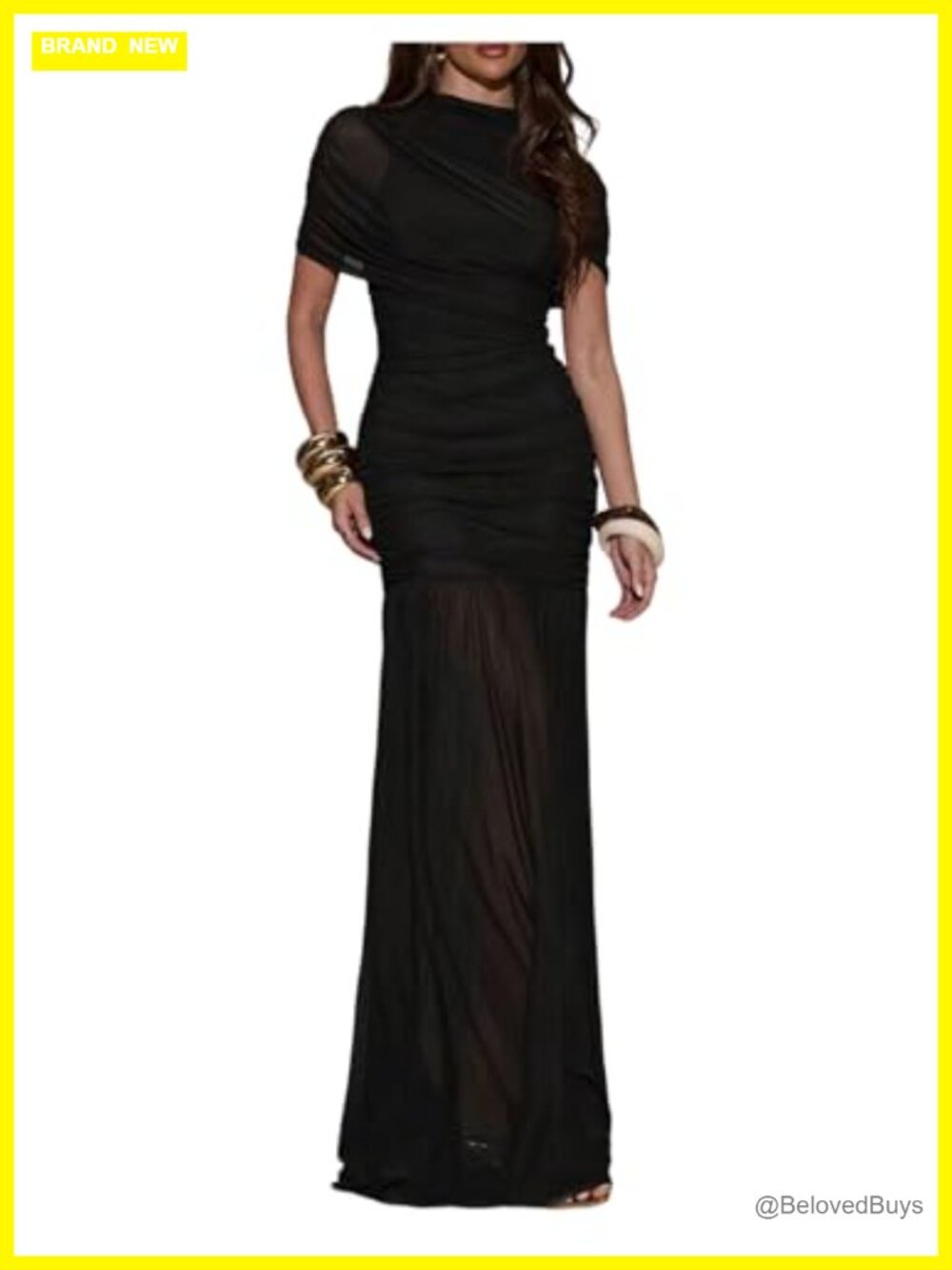Women's Mesh Maxi Dress Bodycon Ruched Wrap Formal Wedding Guest